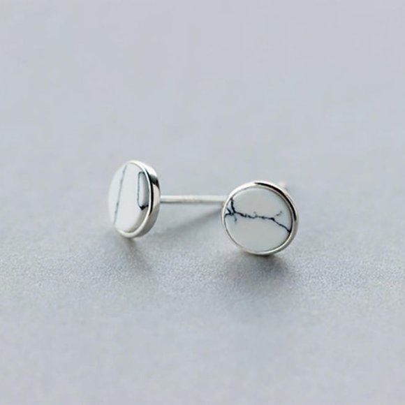 3/$25 🏷️ 925 Sterling Silver White Marble Earrings Studs Simple Round Earrings - Picture 3 of 4
